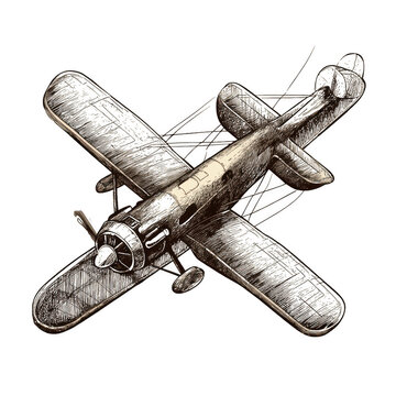 Retro Banner Old Flying Machine: A retro-styled banner featuring an old flying machine, drawn in a scratchboard illustration style. Transparent background.