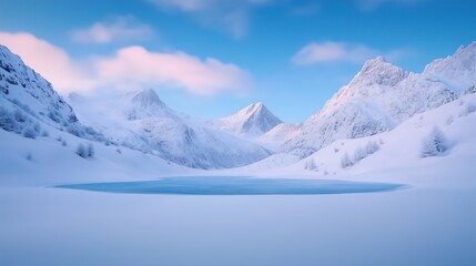 Fototapeta premium Serene Frozen Lake in Snowy Mountains under Blue Sky with Soft Clouds Creating a Tranquil Winter Landscape Perfect for Nature Lovers and Tranquil Mood in Natural Settings Photography Scene