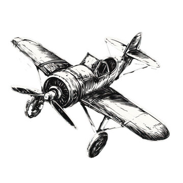 Retro Banner Old Flying Machine: A retro-styled banner featuring an old flying machine, drawn in a scratchboard illustration style. Transparent background.