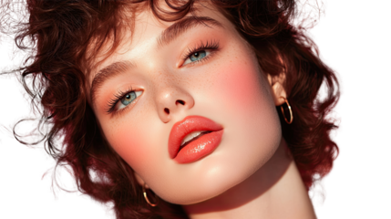 Beautiful Young Woman with Curly Hair, Freckles, and Bright Lipstick Posing with Glamorous Makeup and Soft Lighting