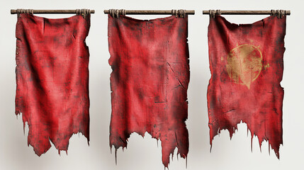 Torn royal medieval red game flag cartoon vector set. Old fabric tattered blank standard pennant for battle military symbol. Ragged and worn isolated army element. Historical vertical sign of power.