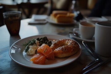 Salmon and cream cheese on a plain bagel topped with fresh dill and capers for breakfast