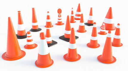 Traffic cone mockups set isolated on white background. Vector realistic illustration of red, orange and white striped warning sign, safety barrier for accident scene, construction site, attention