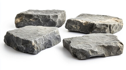 3d stone podiums for products display. Rock platforms, pedestals for bath decor or summer sea beach. Rough gray stone blocks isolated on white background, vector realistic illustration
