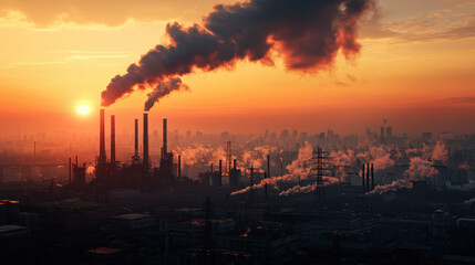 Obraz premium sprawling industrial city skyline at sunset with smoke stacks scene captures contrast between nature and industry