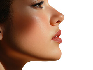 Obraz premium Side profile portrait of a young woman with soft skin and natural makeup showcasing elegance and beauty in a minimalistic style