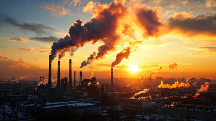 sprawling industrial city skyline at sunset with smoke stacks vibrant colors of sky contrast with urban landscape