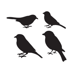 sparrow vector illustration style flat black silhouette, silhouette of sparrow or titmouse in different poses, black and white, sparrow icon or logo illustration