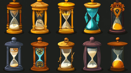 Hourglass with sand props game icons, user assets. Isolated ancient clocks, timer with wooden, metal or golden base , retro glass watches with decoration, time countdown Cartoon 3d vector illustration