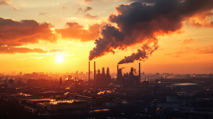 Obraz premium sprawling industrial city skyline at sunset with smoke and pollution