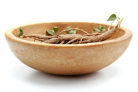 Siberian ginseng known as Eleutherococcus senticosus displayed in a wooden bowl against a white backdrop Herbal remedy