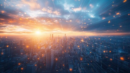 Fototapeta premium Futuristic cityscape at sunset with glowing data connections, symbolizing a tech-driven world