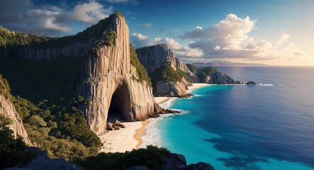 Fototapeta premium A dramatic rock cliff overlooking a pristine ocean bay