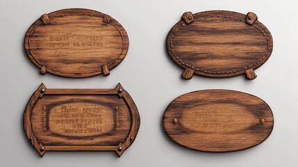 Wood texture sign board vector realistic banner set. Isolated rustic farm or saloon frame design. Empty signboard plaque template with nail, collection for menu or message. Brown oval signage