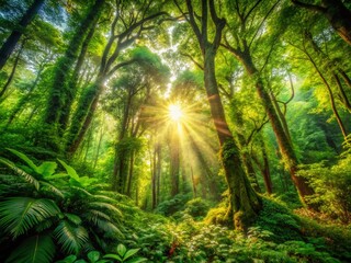 Obraz premium Lush, Dense Rainforest Canopy: Intricate Foliage and Sunlight Dappled Undergrowth