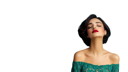 Elegant woman with closed eyes wearing green outfit showcasing beauty and serenity against a solid black background