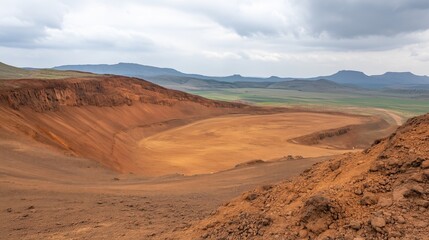 Fototapeta premium Mars-Like Desert Landscape of Riotinto Mines in Overcast Weather Highlighting Unique Geological Formations and Arid Beauty, Perfect for Exploration Themes and Travel Adventures