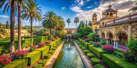 Fototapeta premium Lush Alcazar Gardens: Seville, Spain - Vibrant Floral Landscape Stock Photo
