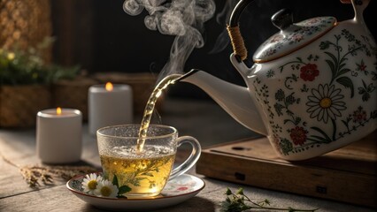 A closeup of a soothing ceramic teapot adorned with intricate floral patterns pouring hot chamomile tea into a clear glass cup. The steam rises in wispy tendrils blending