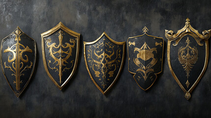 Fototapeta premium Gold and black shield icon collection. Heraldic shields, medieval royal vintage badges
