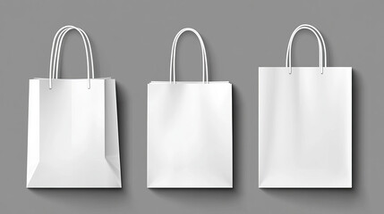 White paper shopping bags front and top view. Vector realistic mockup of blank packet with handles isolated on gray background. Template for corporate design on cardboard bag for store or market