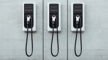 Electric vehicle charging stations mounted on concrete wall, showcasing modern design and functionality. Ideal for commercial use and promoting sustainable energy solutions