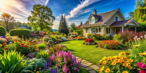 Lush Backyard Garden Panorama: Tranquil Oasis with Blooming Flowers and Greenery