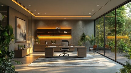 Modern luxury home office with large window, plants, and warm lighting.