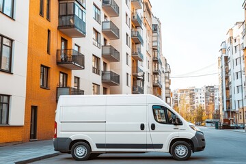 Small high roof white van suited for local deliveries and businesses parked on an urban street with apartment buildings