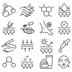 Skin care line icons. Skin care cosmetology beauty treatment and hygiene minimalist line icon set.  Modern thin line style of beauty related icons. Dermatology spa hydration anti aging facial mask.