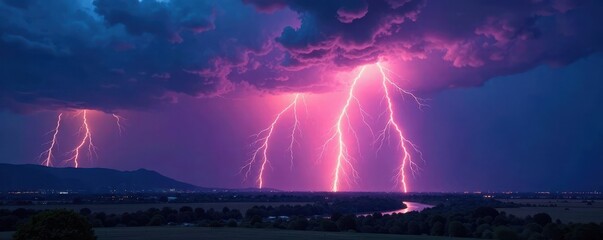 Obraz premium Jagged lightning strikes, painting dusk sky with light, sky, flash