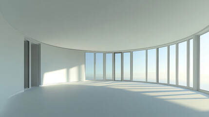 Empty round room, office with large windows, white ceiling and floor. Internal interior structure of modern city architecture, inner design project visualization, Realistic 3d vector illustration