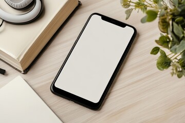 Smartphone display mockup literature and headphones Premium image for audio application and audiobook