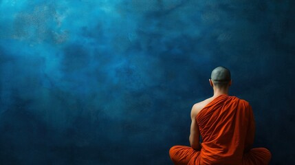 Serene Monk Meditating Against Blue Background