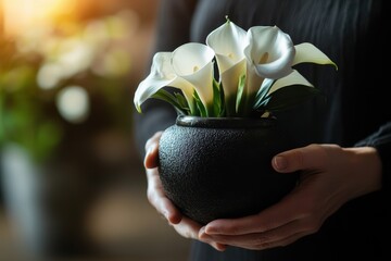 Sophisticated mourner in a crematory clutching an urn with ashes and a white calla lily at a funeral Room for text