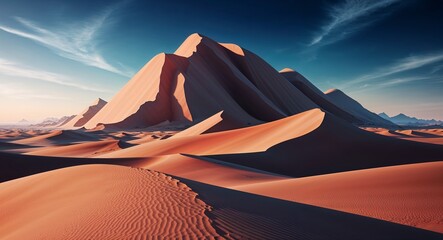 A massive desert landscape with towering dunes and shifting sand formations