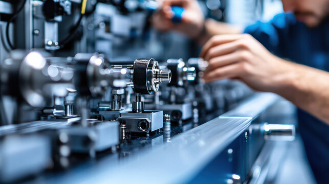 industrial engineer calibrating machinery in modern workshop, focused on precision