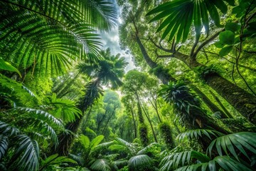 Fototapeta premium Lush Green Canopy, Vibrant Foliage, Rainforest Greenery, Tropical Plants, Nature Photography
