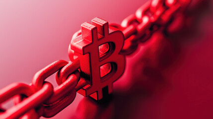 red chain link with Bitcoin symbol represents blockchain technology. This symbolizes connection and potential of digital currencies in modern finance