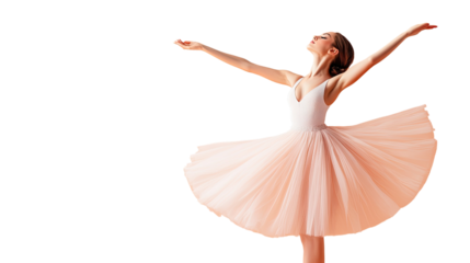 Graceful ballet dancer in pink tutu performing a joyful pose with arms extended against a clean white background