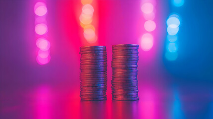 Abstract Background Image Stacks of Coins Neon Lights