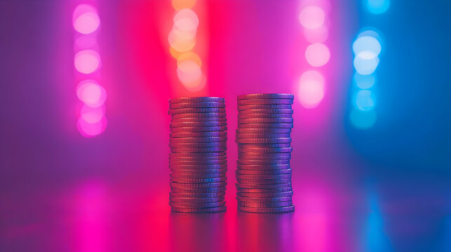 Abstract Background Image Stacks of Coins Neon Lights