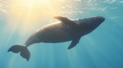 Naklejka premium conservation and wildlife concept. A majestic whale swims gracefully in clear blue waters, illuminated by sun rays.