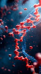 A vivid depiction of molecular structures, showcasing red particles intertwined with blue strands, symbolizing DNA and cellular processes.