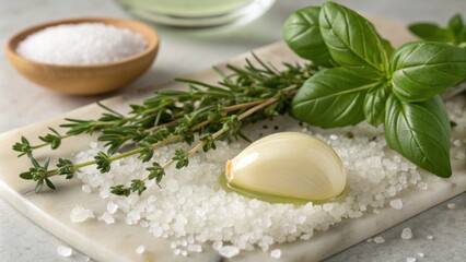 The garlic capsule sits on a bed of co sea salt surrounded by tered herbs like basil and thyme. Its smooth surface reflects the soft ambient light creating a tranquil and