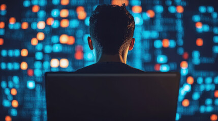 person working on computer, surrounded by digital data and technology. scene conveys sense of focus and engagement in modern, tech driven environment