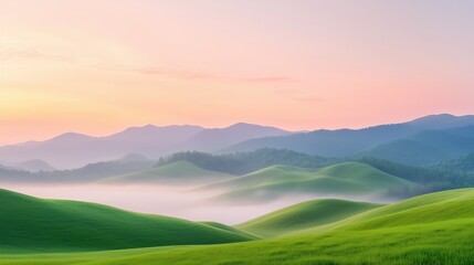 Serene Landscape of Rolling Hills Covered in Morning Mist with Soft Sunrise Glow and Tranquil Atmosphere Offering a Peaceful Nature Escape to Calm and Inspire Mindfulness and Inner Healing