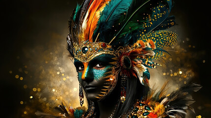 Carnival is a vibrant festival of artistic expression. People wear colorful masks. Colorful Tribal Costume with Feathers and Glitter Makeup