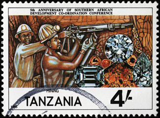 Mining diamonds on postage stamp from Tanzania