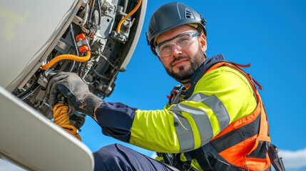 Maintenance engineer working on machinery, wearing safety gear and gloves, focused on task in bright sunlight
